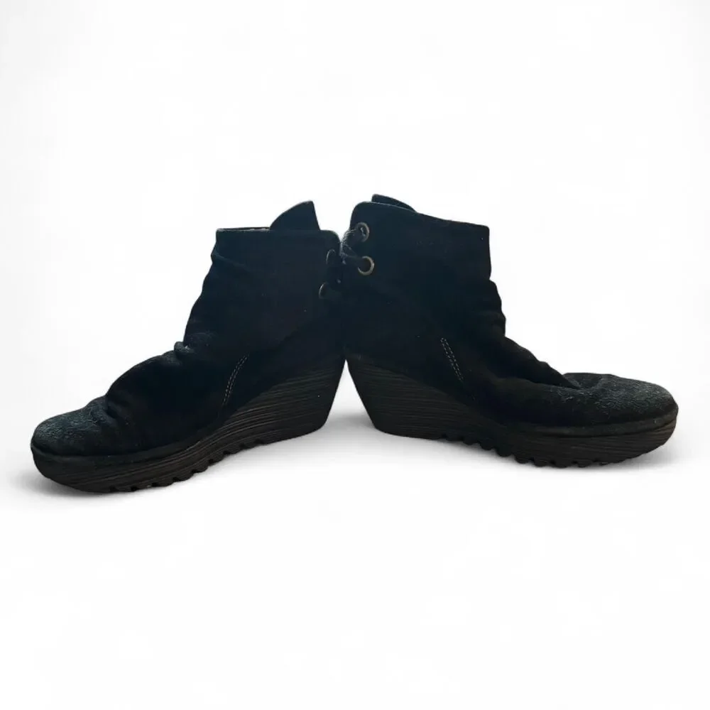 FLY London Yama Black Suede Wedge Ankle Boots Size 37 EU Platform Comfort